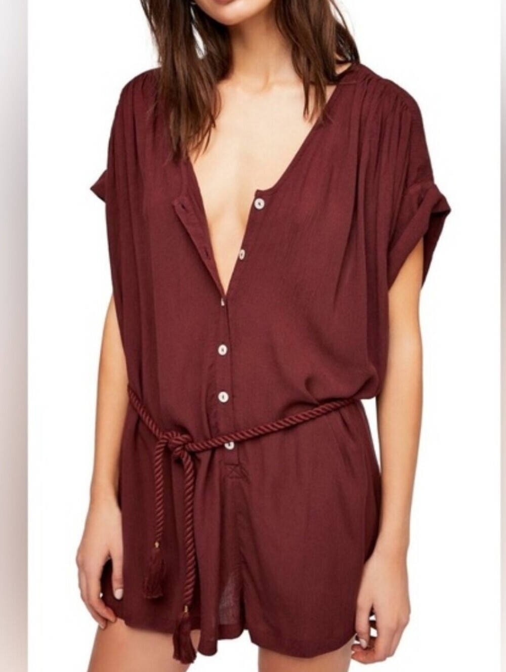 Free People Spanish Endless Summer Burgundy Romper Rope Tie Waist Small
